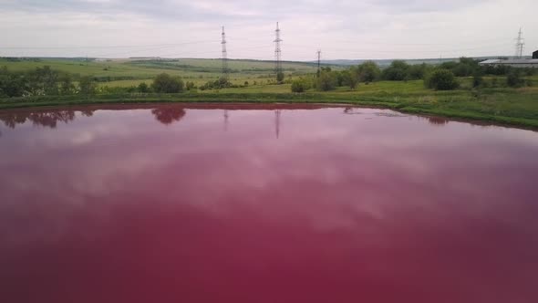 Aerial Shot of Toxic Pink Lake at Nature, Industrial Zone with Pollution