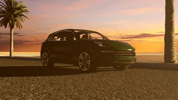 Black Sport SUV and Sunset Landscape