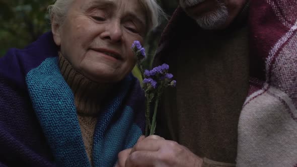 Upset Old People Crying Holding Flower in Hands, Parting, Pain of Loss, Close-Up