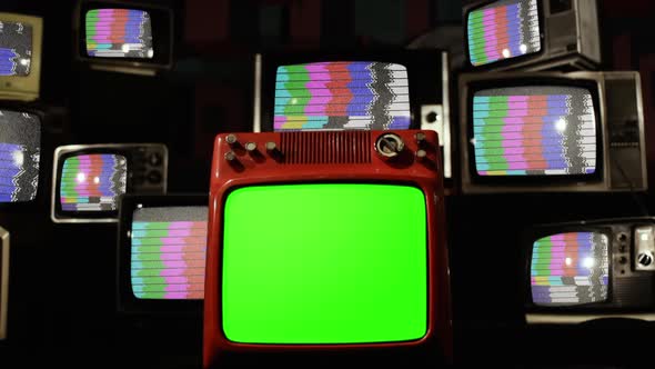Retro TV Green Screen Among Many TVs with Color Bars.