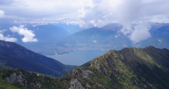 Aerial drone view of the green hills above Lake Maggiore, Switzerland. alt