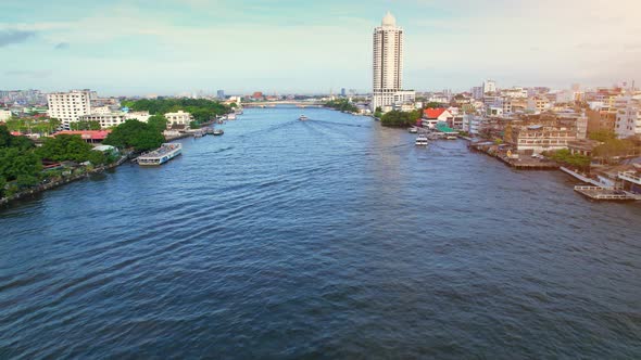 4K UHD : Bangkok River drone view. Flying over the Chao Phraya River alt