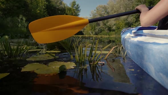 Kayak Oar Paddle Rowing At Sunrise On Vacation.Paddle Rowing On Quiet River At Sunset In Slow Motion alt