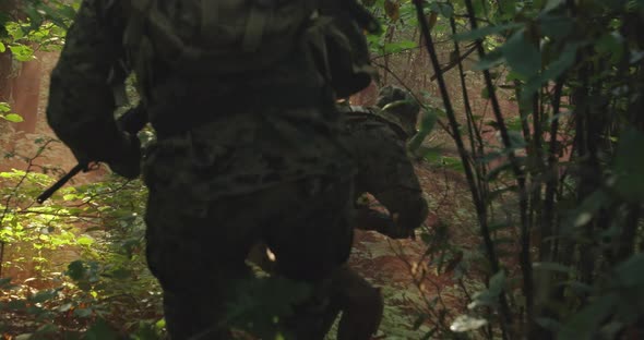 Soldiers in the Smoke Moving in Battle Operation Through Dense Forest alt