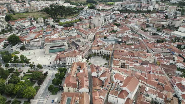 Historical center of Leiria in Portugal. Aerial top-down circling