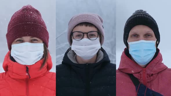 Group of People in Masks, Collage on Winter Background.
