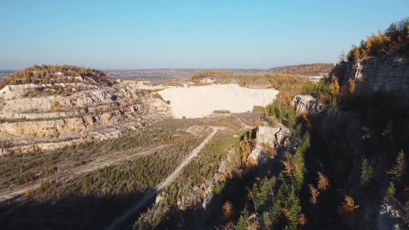 Aerial view of old abandoned quarry in Zhiguli mountains.