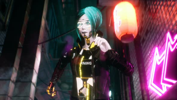 Cyber Girl Runs Along The Neon Street