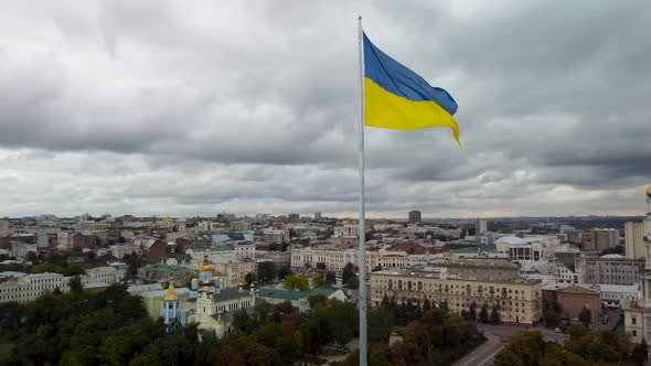 Flag of Ukraine, Kharkiv city center autumn aerial