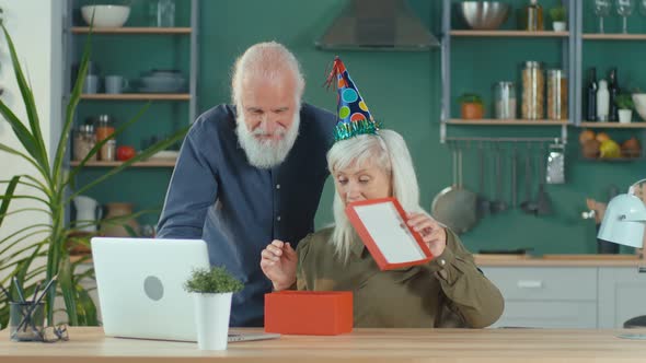 A Happy Elderly Couple Celebrating Birthday Online Having Fun Enjoying Internet alt