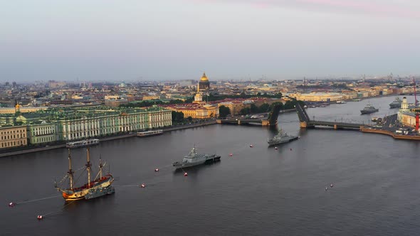 Aerial Landscape of a Replica of the Ancient Frigate Poltava and Modern Cruisers Before the Holiday alt