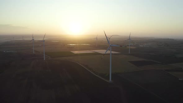 Aerial view of wind mills farm park 