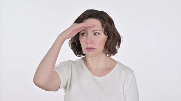 Searching Old Woman Looking Around on White Background alt