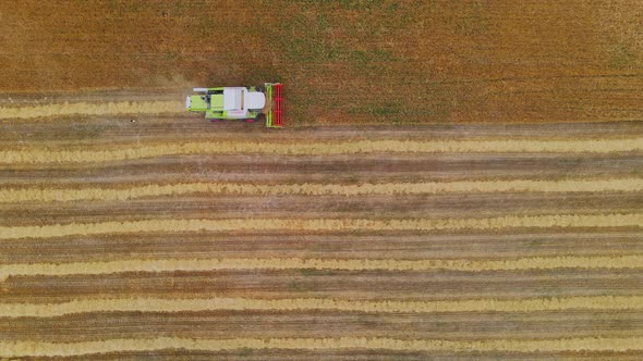 Aerial Horizontal Drone View of a Modern Combine Harvester Reaping Wheat