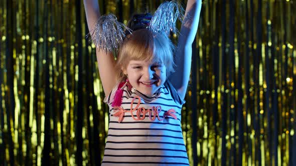 Cute Little Girl Enjoy Success Celebrating Winning Rejoices Victory Feels Motivated in Night Club alt