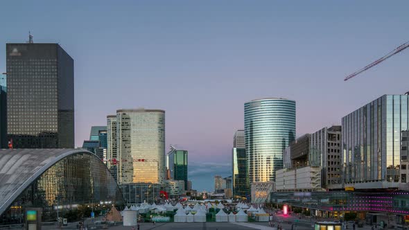 The Stunning Defence Parisian Business District Bristling with Skyscrapers Day to Night Timelapse alt