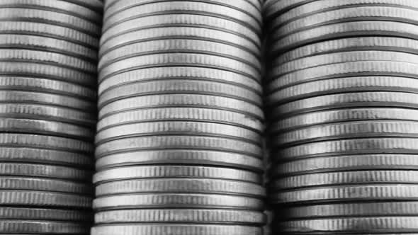 Stacks Of Silver Coins Passing Through Shot Gray Background