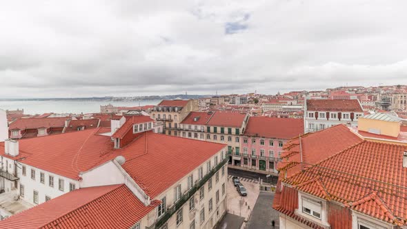 Lisbon aerial cityscape skyline timelapse from viewpoint of St. Jorge Castle, Portugal alt