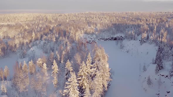 Beautiful Winter Aerial Footage of Ruskeala Mountain Park in Karelia in