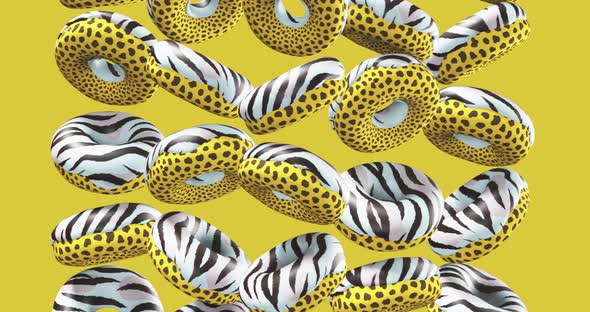 Minimal motion design. 3d creative animal prints donuts on yellow background