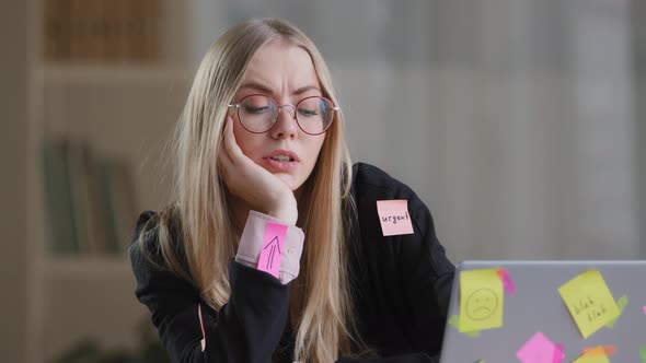 Sad Overworked Exhausted Tired Business Woman Upset Girl Worker Manager Student in Glasses Feeling alt