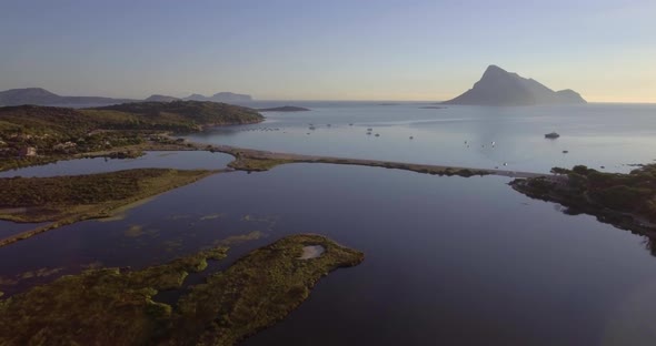 Aerial, Beautiful View On Pond  In Sardinia Island On Sunrise