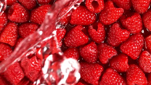 Super Slow Motion Shot of Splashing Water to Fresh Raspberries at 1000Fps alt