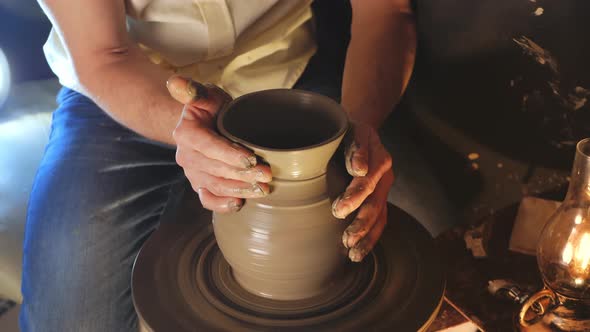 Man Makes Jug in Pottery Workshop Clay Product Authentic Atmosphere Background Footage