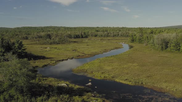 Flight over whales back, Union river aerial towards forest alt