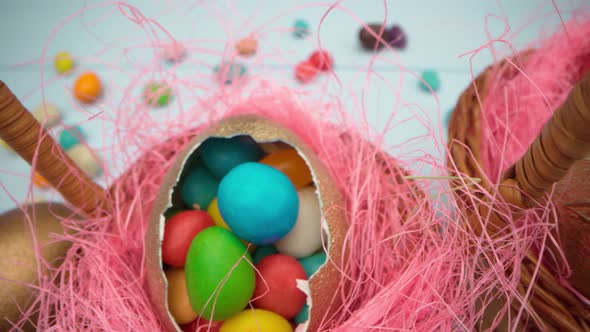 Easter Egg with Colorful Candies in a Basket Close Up