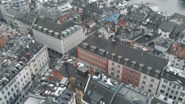 Aerial view in Zurich town, snow day, winter in Switzerland