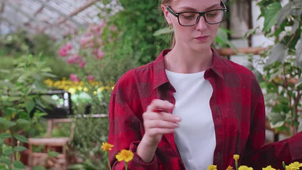 Agronomist Girl in Glasses and Checkered Red Shirt Checks the Quality and Quantity of Plants in the