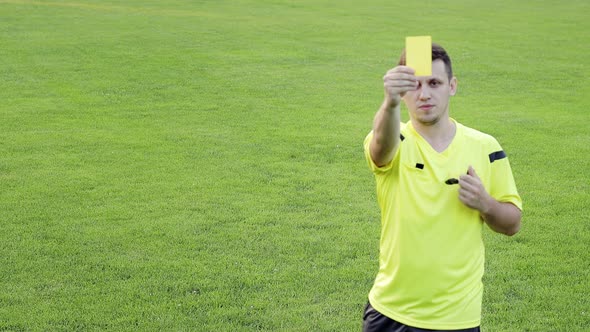 Soccer referee showing yellow and red card, removes the player alt