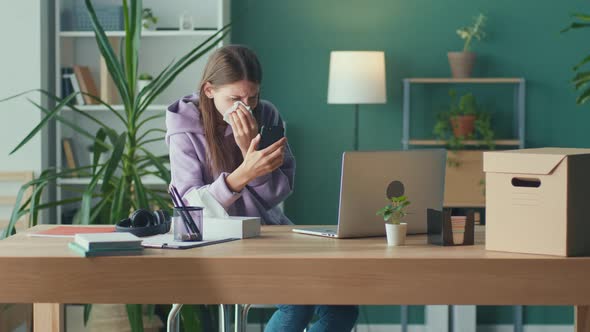 Woman Sit at the Office Read Unpleasant News Offensive Messages Start Crying alt