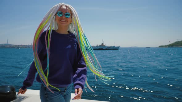 Young Hipster Girl Walking Along Embankment Against Bosphorus Turkey Galataport alt