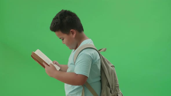 Asian Boy Student Holding And Looking Book While Walking To School On Green Screen Chroma Key alt