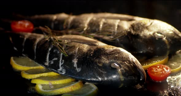 Timelapse Fresh Dorada with Lemon and Tomatoes Baked. alt