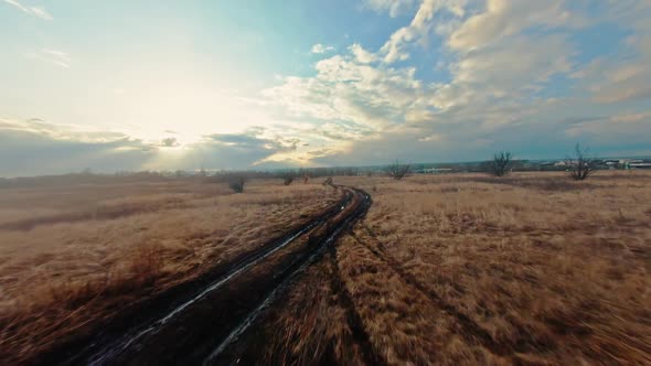 Aerial View Autumn Field and Dirt Road alt