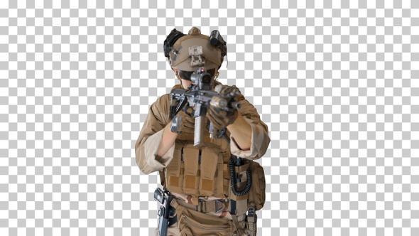 Soldier shoots aming and shooting with rifle, Alpha Channel alt