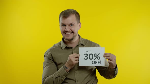 Smiling Man Showing Up To 30 Percent Off Inscriptions Signs, Rejoicing Good Discounts, Low Prices alt