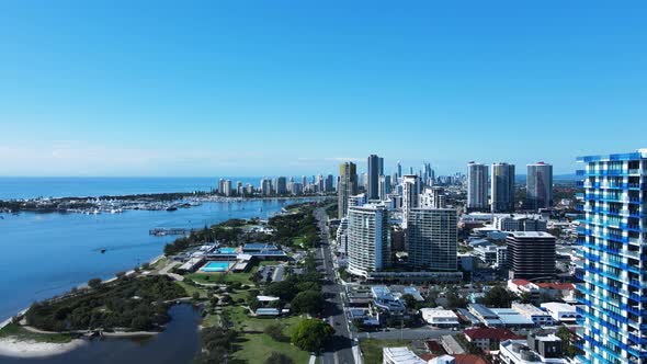 Modern towering high-rises built on the foreshore of a popular coastal city town. Gold Coast Austral alt