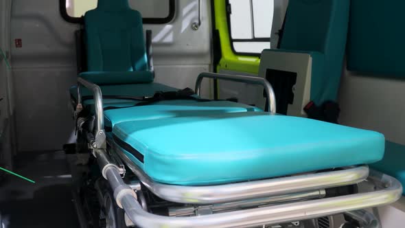 Interior of an Ambulance or Intensive Care Unit with a Pullout Trolley for Carrying the Patient