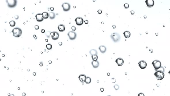 Super Slow Motion Macro Shot of Rising Various Bubbles in Water Isolated on White at 1000 Fps alt