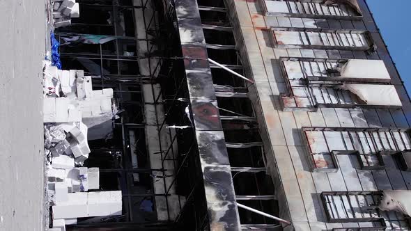 Vertical Video of a Burnt Shopping Center During the War in Bucha Ukraine alt