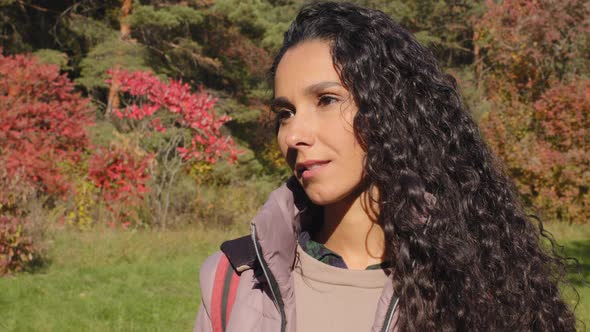 Headshot Young Attractive Young Pensive Woman Standing Outdoors in Autumn Park Thinking Dreaming alt
