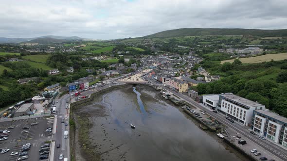 Bantry town and harbour Ireland reverse pull back reveal aerial drone view alt