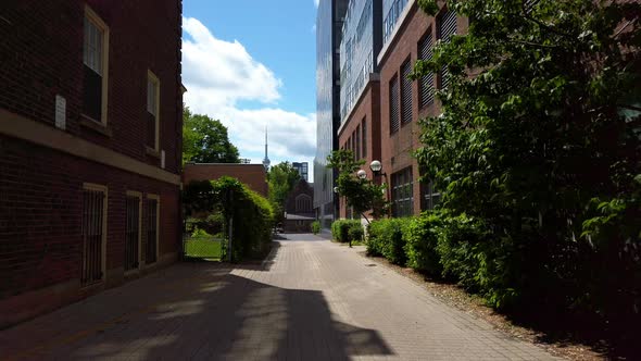 Area of University of Toronto in springtime. View of CN Tower. Toronto, Ontario, Canada. alt