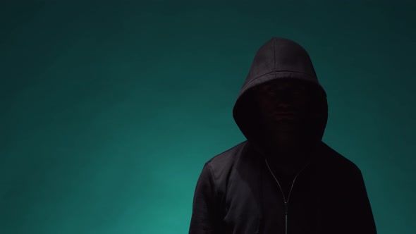 Portrait of computer hacker in hoodie. Obscured dark face. alt