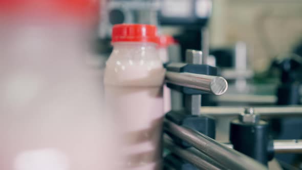 Yogurt in Bottles Move on a Factory Conveyor. Food Packaging Process at a Food Factory Conveyor. alt