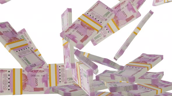 Many wads of money falling on table. 2000 Indian Rupees banknotes. alt